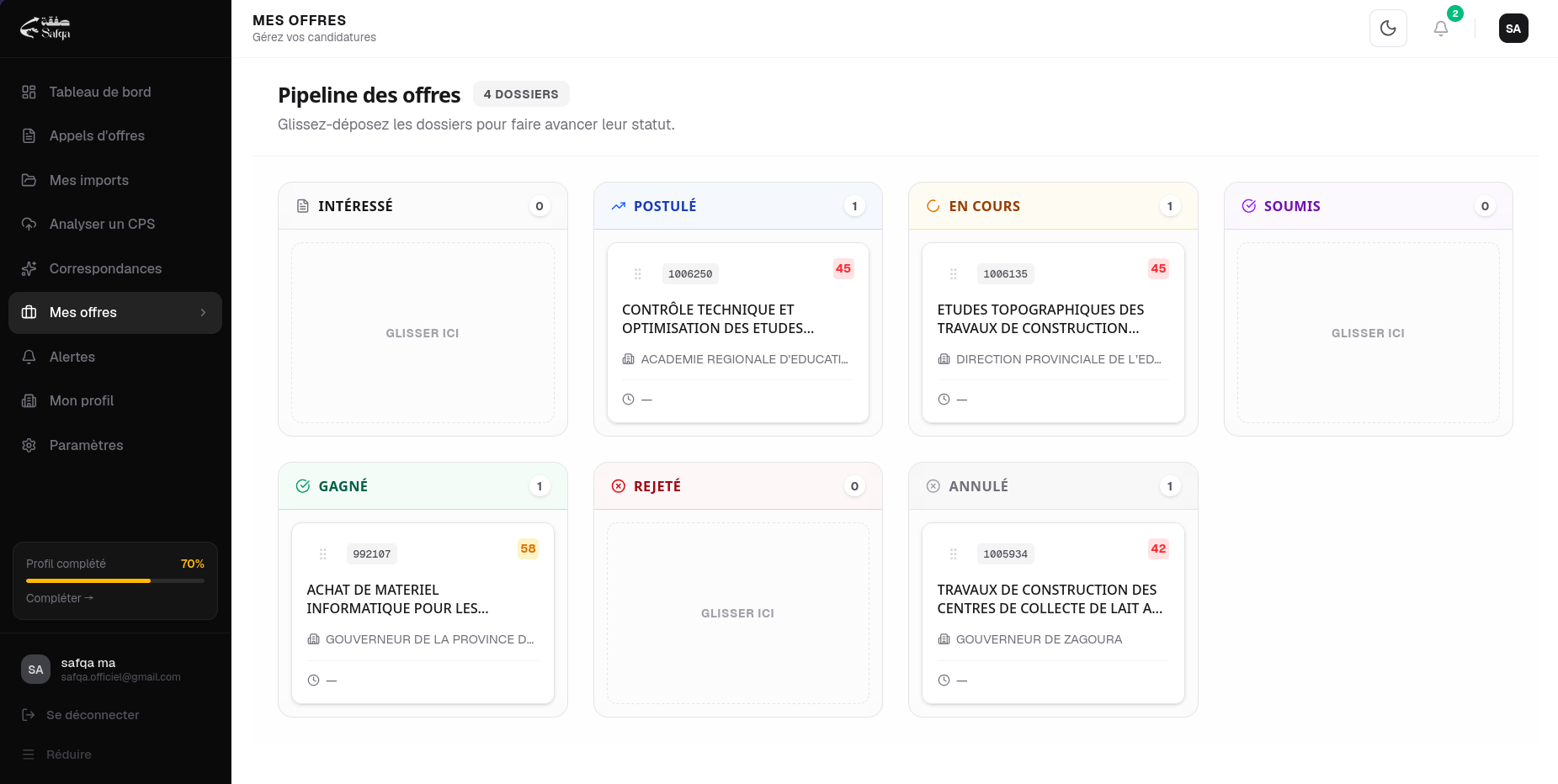 Pipeline des offres Safqa — suivi Kanban Intéressé / Postulé / En cours / Gagné